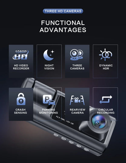 Cameră de bord cu înregistrare în buclă de vedere nocturnă IR și ecran IPS de 2" 1080P 3 camere, recorder DVR, video recorder, DVR pentru vehicul
