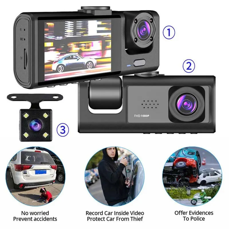 Cameră de bord cu înregistrare în buclă de vedere nocturnă IR și ecran IPS de 2" 1080P 3 camere, recorder DVR, video recorder, DVR pentru vehicul