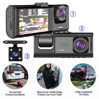 Cameră de bord cu înregistrare în buclă de vedere nocturnă IR și ecran IPS de 2" 1080P 3 camere, recorder DVR, video recorder, DVR pentru vehicul