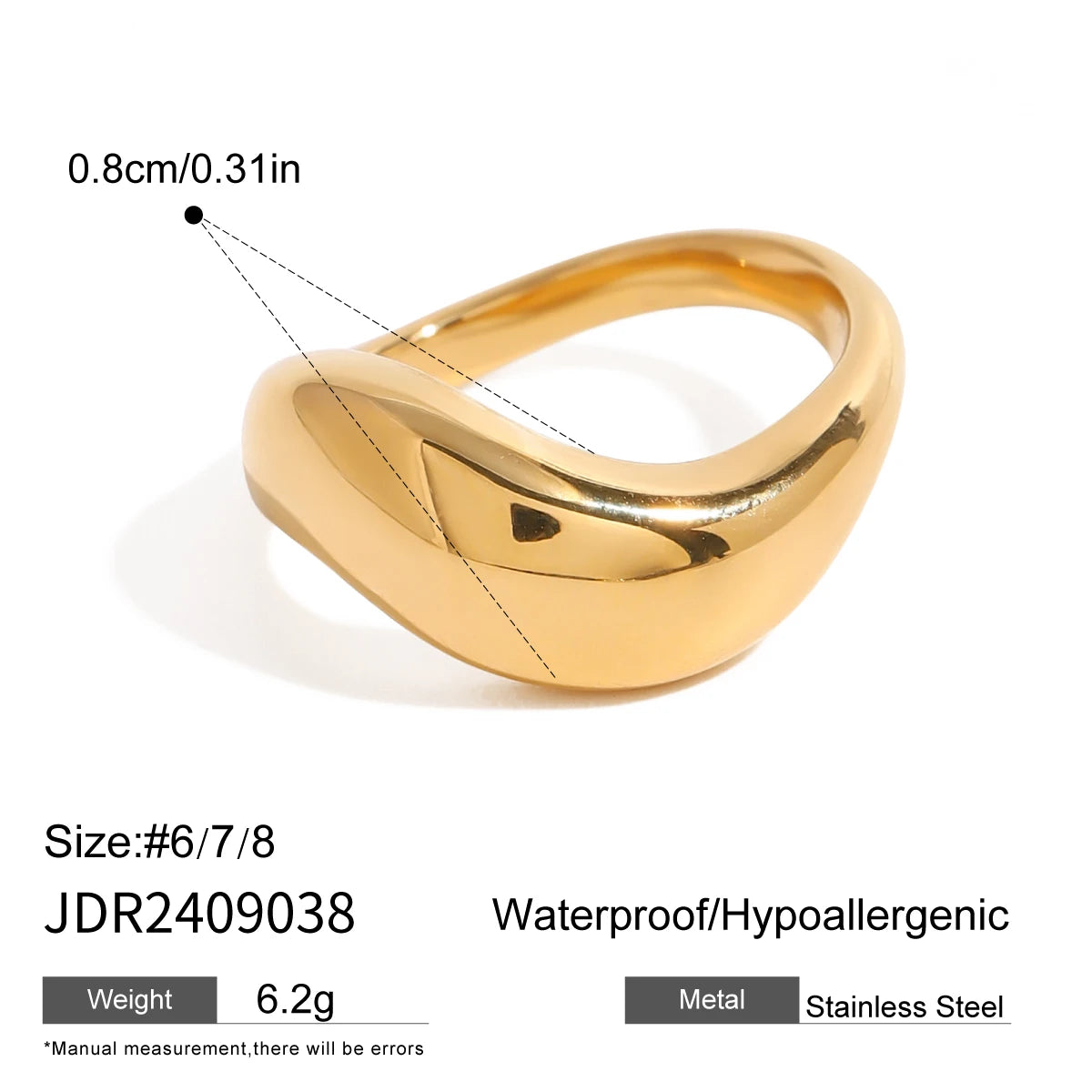 Youthway Charm Luxury 18k Gold Stainless Steel Smooth Wave Irregular Ring For Unisex Waterproof Anti Allergic Jewelry Gift