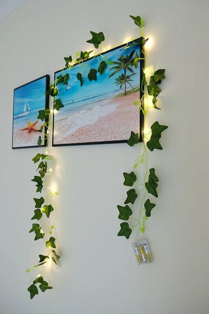 Viță de vie de iederă cu frunze verzi false de 2 metri cu șir de lumini LED pentru decorarea dormitorului de acasă, ghirlandă de plante artificiale strălucitoare, decor pentru acasă